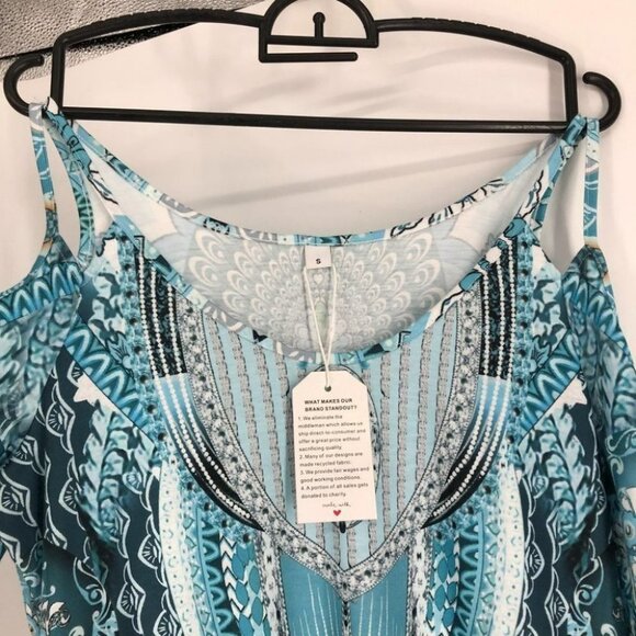 NWT teal blue cold  shoulder peacock print dress small - Picture 5 of 16